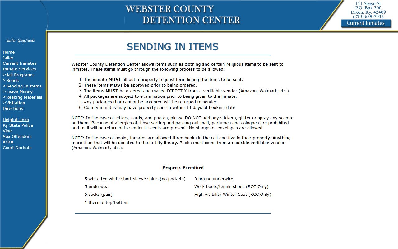 Webster County Restricted Custody Center property and work clothing rules