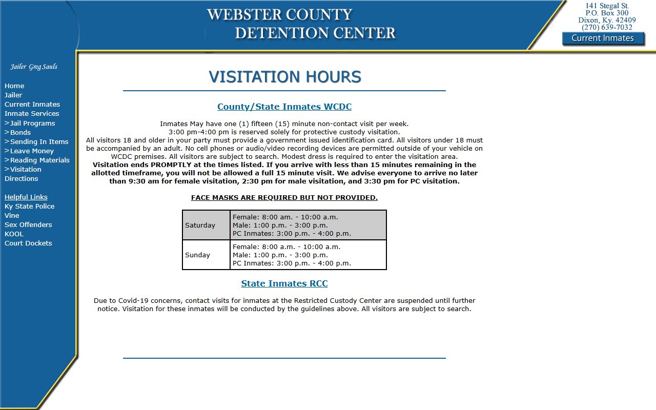 Webster County Detention Center visitation schedule for jail inmates